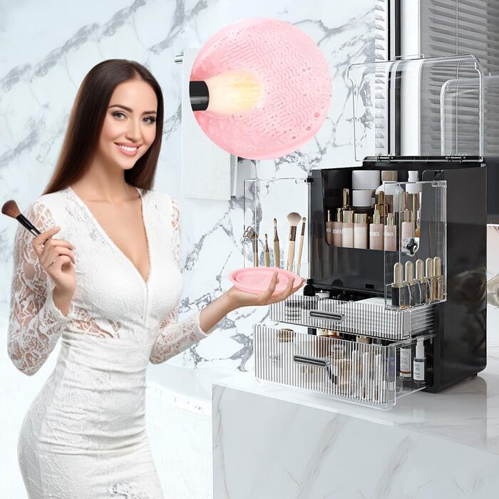 Органайзер для макіяжу, косметичне зберігання з кришками, пилонепроникний косметичний органайзер для макіяжу, косметична скринька високої місткості для спальні, ванної кімнати, чорний 1 1