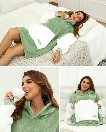Ковдра з капюшоном Argstar Oversized, портативна ковдра, легка ковдра з капюшоном, затишна оксамитова ковдра, тепла толстовка з кишенею та еластичними рукавами для дорослих, жінок та чоловіків, шавлійно-зелена, один розмір