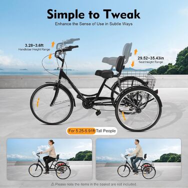 Дюймовий триколісний велосипед для дорослих, 7-швидкісний 3-колісний триколісний велосипед для покупок з кошиком, регульованим сидінням, міський велосипед, велосипед для відпочинку, триколісний велосипед для покупок для старших (чорний), 24-