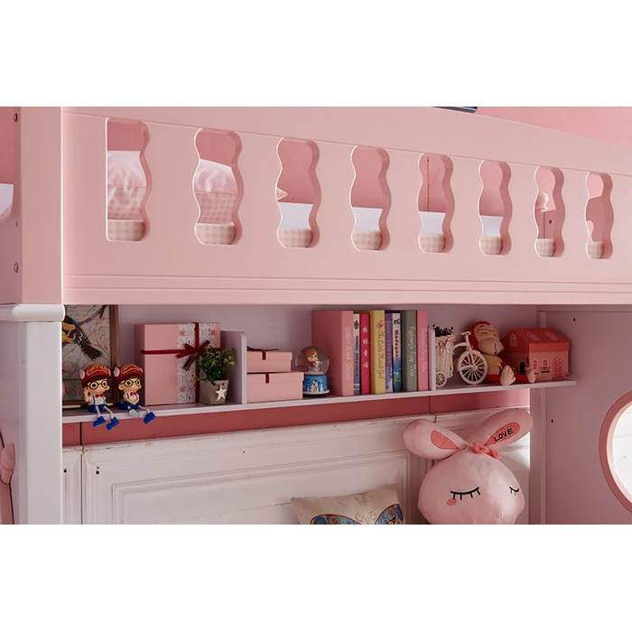 Дитяче двоярусне ліжко JooTech ліжко-горище дитяче ліжко функціональне ліжко зі сходами з полицею з ящиками 3 спальних місця рожев