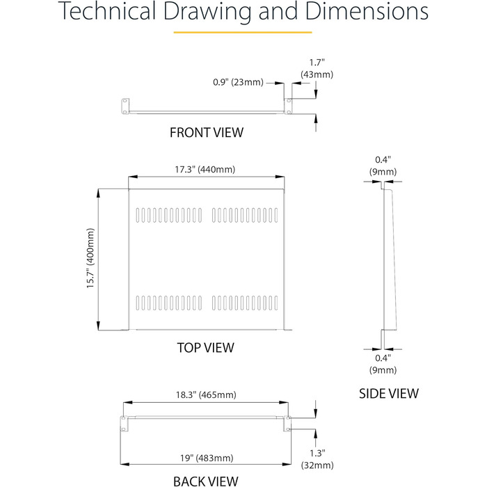 Полиця - Перфорована універсальна полиця для кріплення в стійку для 19-дюймових мережевих шаф - Пасивно вентильована - Надміцна - Вантажопідйомність 20 кг - Глибина 40 см, Чорна (CABSHELF116V) 1U вентильована 400 мм, 1U