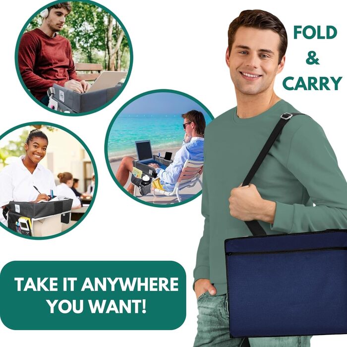 Мобільний робочий столик на коліна, дорожній столик для ноутбука та планшета. Зручний для подорожей, навчання та роботи. В комплекті сумка для зберігання, регульований ремінь та чохол для планшета (підходить для ноутбуків до 15.6 дюймів), колір темно-сині