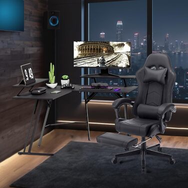 Великий ігровий стіл, L-подібний комп&39ютерний стіл з підставкою для монітора, карбонова поверхня, ергономічний кутовий стіл для ігор та домашнього офісу