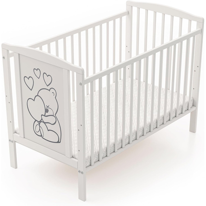 Звичайне дитяче ліжко, дитяче ліжко, ліжко для малюків Timmi з матрацом, виготовлене з масиву дерева, 3 положення регулювання висоти, 60x120 см, біле