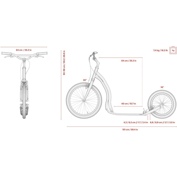 Самокат Yedoo Rodstr з педалями - до 150 кг, самокат з пневматичними шинами 20/16 - самокат для дорослих з алюмінієвого сплаву з р