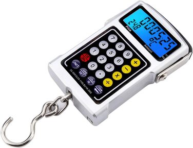 Електронні ваги для рибальських гачків, цифрові підвісні ваги, місткість 50 кг, з підсвічуванням РК-дисплея, 7-дюймовий багатофункціональний пристрій для риболовлі, подорожей, використання, включає температурний годинник, калькулятор, кран