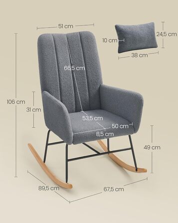 Крісло-гойдалка SONGMICS HOME з підлокітниками, крісло-реклайнер, оббите флісом, сталевий каркас, ніжки з каучукового дерева, вантажопідйомність до 136 кг, для спальні, вітальні, колір Сірий сланцевий LYY500G01 без підставки для ніг, колір Сірий сланцевий