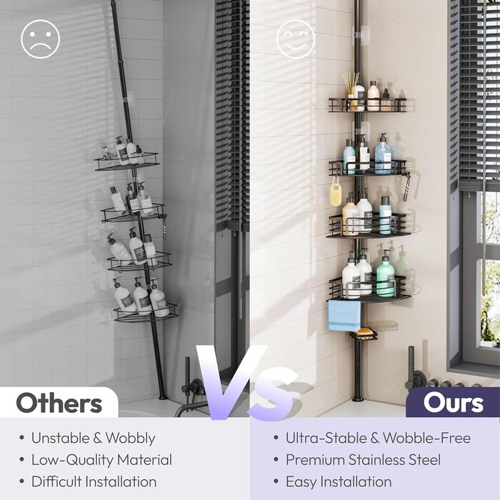 Кутова полиця для душу без свердління, телескопічна, регульована по висоті. Тримач для шампуню з 4 кошиками, нержавіюча сталь (70-267 см, чорний). Чорна 4-кошикова телескопічна полиця.