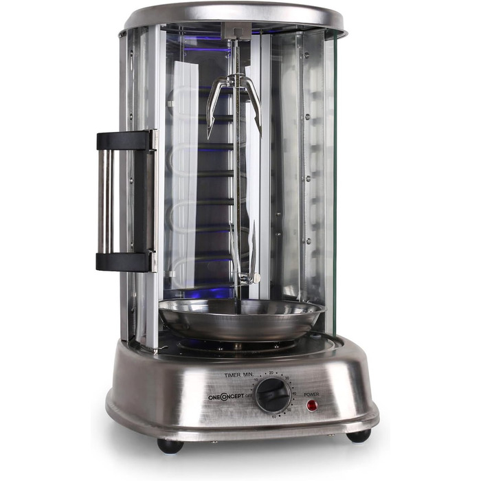 Гриль для шашлику oneConcept Kebap Master, Гіросгриль зі скляними розсувними дверима, закритий, шампур для шашлику, нержавіюча сталь, вертикальний гриль, розсувні двері, срібло