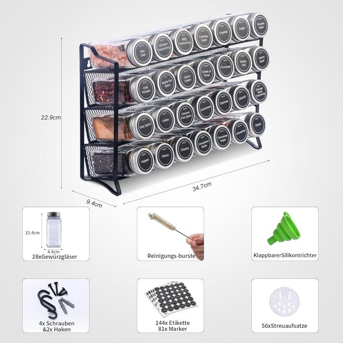Рівнева підставка для спецій, настінна та настінна, 28 порожніх органайзерів для спецій зі стійкою та 432 етикетками для спецій, підставка для спецій, не потребує свердління для кухні, шафи, комори, 4-