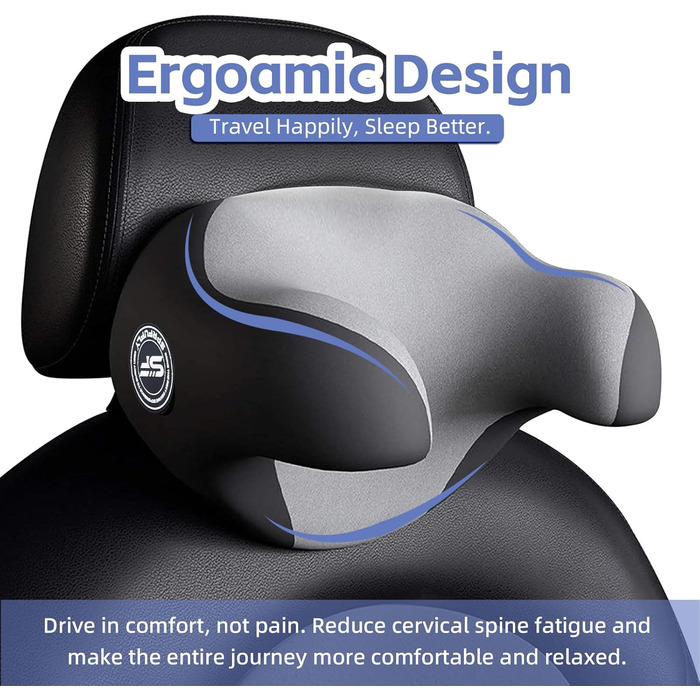 Дійсно корисна подушка для підголівника автомобіля, подушка для шиї автомобіля для сну з регульованим ремінцем, 100 піна з пам&39яттю форми та дихаюча, знімний чохол, ергономічний дизайн м&39який, сірий
