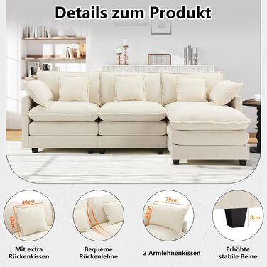 Подібний диван &quotХмара&quot, Модульний 4-місний секційний диван з оттоманкою, Сучасний диван з підлокітниками/декоративними подушками, Дихаюча тканина шенил, L-подібний диван для вітальні, Бежевий 240 см - L Бежевий