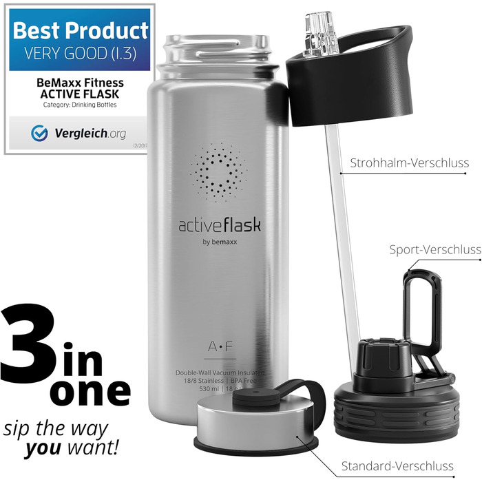 Пляшка для пиття з нержавіючої сталі АКТИВНА КОЛБА соломинка (3 кришки) Не містить бісфенолу А, герметична, вугільна кислота Підхо