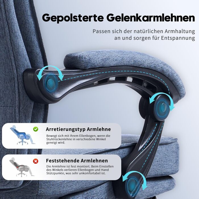 Ергономічне офісне крісло з функцією відкидання спинки, підставка для ніг, крісло з можливістю нахилу 90-135, синхронізовані підлокітники, вантажопідйомність до 150 кг, крісло керівника з високою спинкою, широке сидіння, тканина, темно-синя тканина