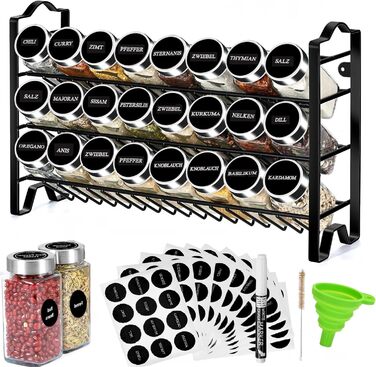 Підставка для спецій, 24 банки для спецій, 3-рівневий органайзер з металевим каркасом, з етикетками, індивідуальними кришками та дозаторами (Модель 2)