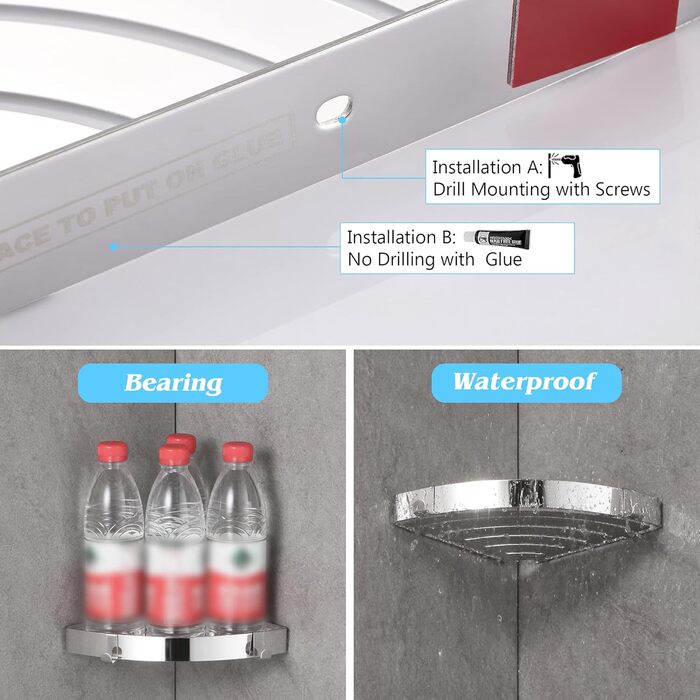 Полиця для душу DUFU Кутова полиця, полиця для душу без свердління Полиця для ванної кімнати з нержавіючої сталі SUS304, самоклеючий кошик для душу, кутовий органайзер для ванної кімнати, тримач для шампуню з 4 гачками для душу (срібло-2 шт.)