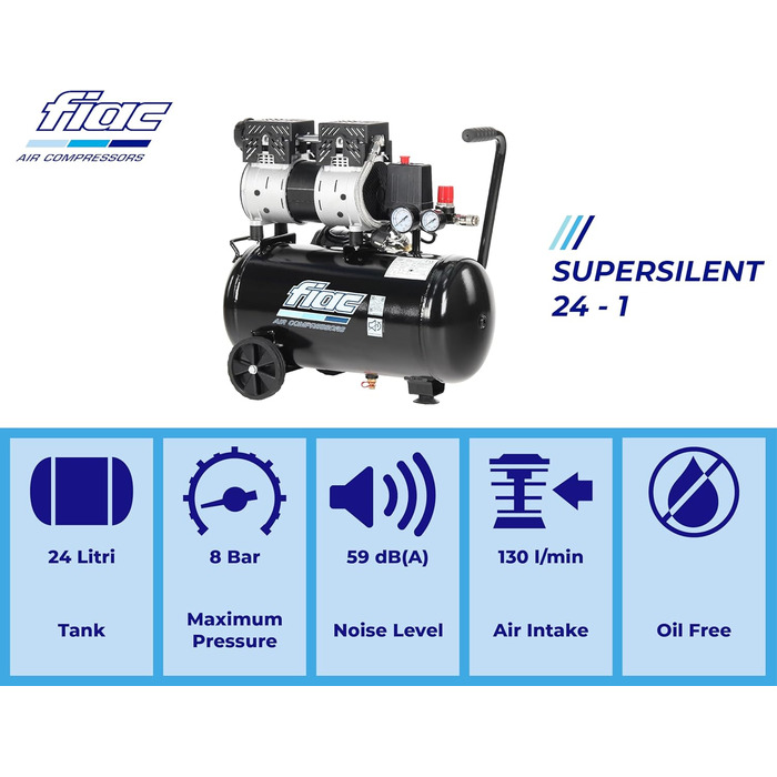 Малошумний мобільний повітряний компресор FIAC SUPERSILENT 24, безмасляний, максимальний тиск 8 бар, 1 к.с., 24-літровий бак, ріве