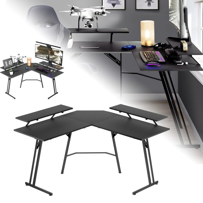 Великий ігровий стіл, L-подібний комп&39ютерний стіл з підставкою для монітора, карбонова поверхня, ергономічний кутовий стіл для ігор та домашнього офісу