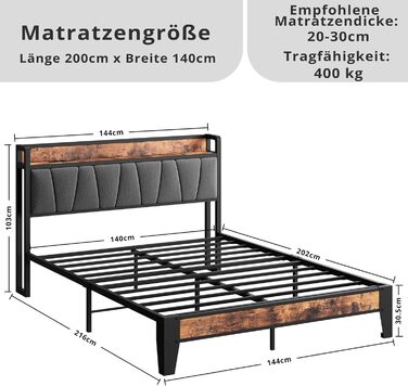 Ліжко IRONCK 140x200 з металевою рейковою основою, каркас ліжка 140x200 см з розетками, USB-портами та портами Type-C, металеве ліжко 140x200 з м&39яким узголів&39ям та місцем для зберігання речей, дитяче ліжко, двоспальне ліжко 140x200 см