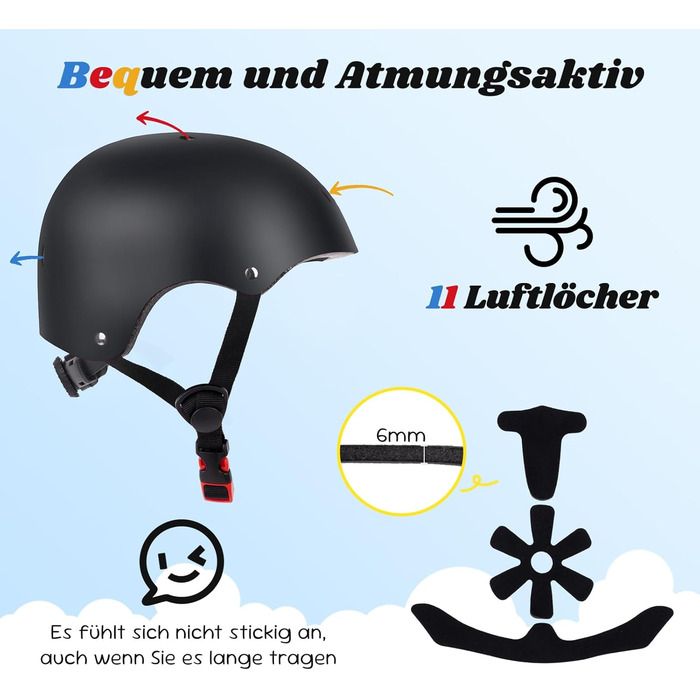 Дитячий велосипедний шолом Smilfree, шолом для хлопчиків-скейтерів легкий велосипедний шолом для дітей та дівчаток від 5 років - шолом для скейтерів, дитячий шолом для велосипеда, скейтборда, самоката, BMX, для дітей та дорослих, чорний, M