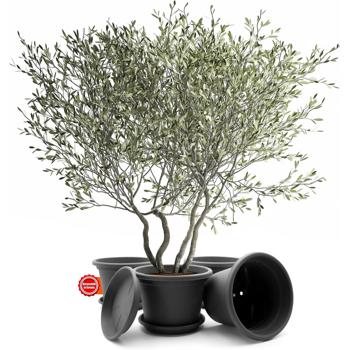 Набір із 4 круглих квіткових горщиків з блюдцями BigDean, ø 40 см, антрацит всепогодні кашпо, зроблені в Європі, антрацит, ø 40 см