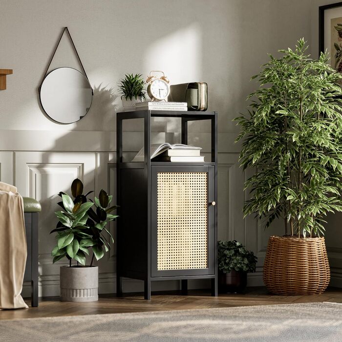 Бамбукова підлогова шафа з ротангом, невелика шафа для зберігання речей у ванній кімнаті з 1 дверцятами та 1 полицею, компактна дерев&39яна кухонна шафа, журнальний столик у передпокій, окремостояча тумба для вітальні (чорна)