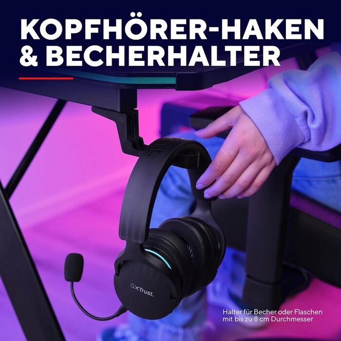 Ігровий стіл Trust Gaming GXT 710 Luminus Pro 120x60 з RGB LED, вбудованим бездротовим зарядним пристроєм 10 Вт, 10 колірними режимами, ігровий стіл з підсклянником, гачком для навушників - чорний 120x60 см - Pro Edition Black