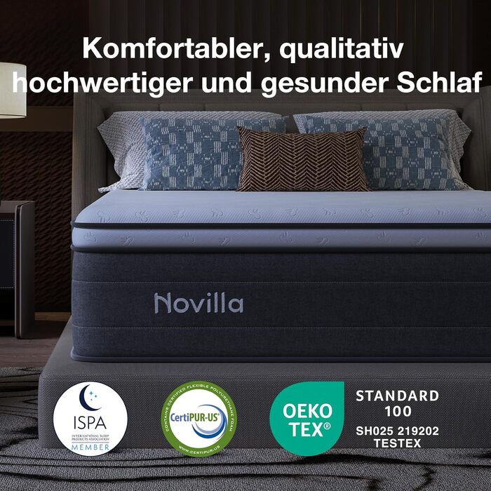 Матрац Novilla 140x200, H3 7-зонний пружинний матрац з кишеньковою структурою для цілеспрямованої підтримки, хвилеподібний шар комфортної піни для покращеної повітропроникності, сертифікований Oeko-Tex, висота 25 см x 25 см, 140 x 200 см