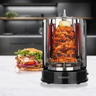 Шашличний гриль HEINRICHS для дому, шашлик гриль гриль з курки гірос шашлик, гриль гриль, електрогриль, барбекю, настільний гриль, вертикальний гриль з нержавіючої сталі в т.ч. 6 шашликів для шашлику, Heinrich's