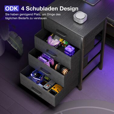 Кутовий письмовий стіл ODK з 4 тканинними шухлядами, 140x80 см, двосторонній L-подібний стіл з 2 розетками та 2 портами зарядки USB, L-подібний ігровий стіл зі світлодіодним освітленням та підставкою для монітора для домашнього офісу, чорний 140 x 80 см