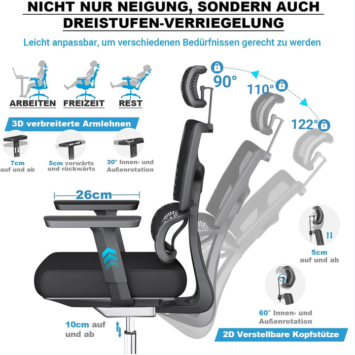 Офісний стілець 200 кг, 3-етапний механізм блокування, ергономічний офісний стілець XXL, ширший та більший, для зросту 160-202 см, широкі 3D підлокітники, динамічна поперекова підтримка, стілець з пінопласту XXL (щільність 40)