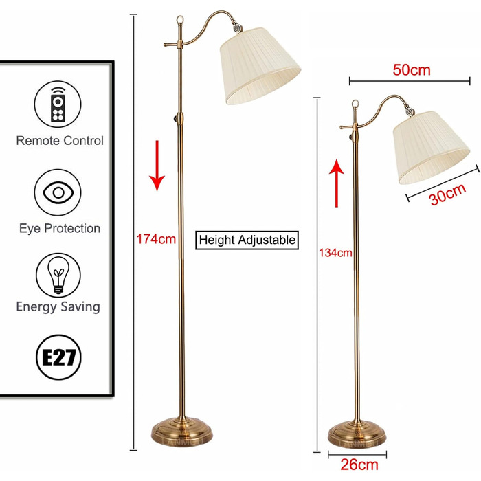 12W LED Floor Lamp Regulable with Remote Control, White Fabric Lamp Lamp, Retro Metal Copper Floor Lamp for Bedroom Office Office Hotel, E27 Socket Max 60W, 12W LED Floor Lamp Regulable with Remote Control, White Fabric Lamp Lamp, Retro Metal Copper Floor