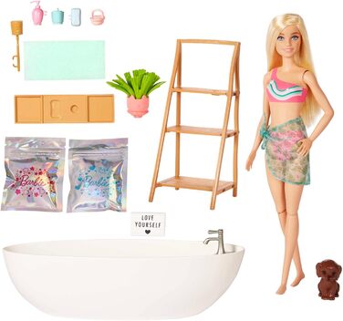 Серія Barbie Self-Care, ванна з конфетті, лялька Barbie зі світлим волоссям, купальник, цуценя, 2 набори мила Confetti, аксесуари