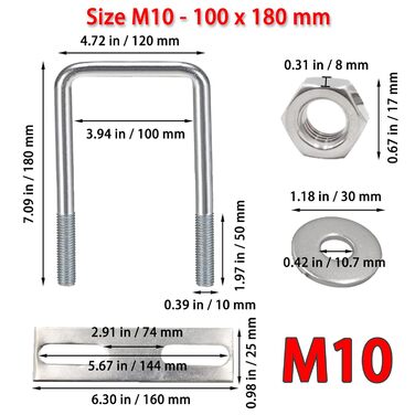 Болти U-болт M8 U кронштейн квадратний, M8 U болти з нержавіючої сталі з гайкою рамної пластини шайба, U залізний болт для кріплення труб буксирування автомобіля (100 x 180 мм)