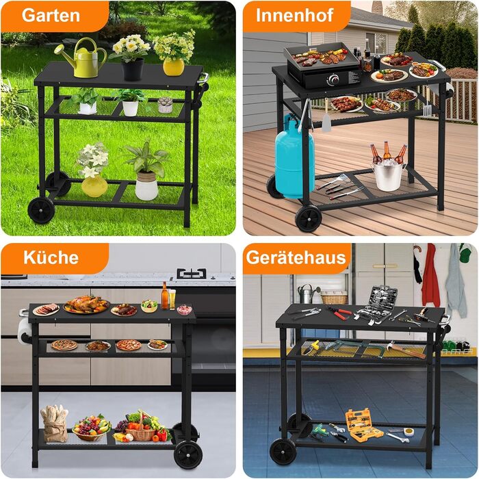 Візок для гриля на відкритому повітрі/стіл для гриля - Мобільний стіл-підставка для піци з колесами, стіл-візок для їжі на відкритому повітрі з двома сітчастими стійками для домашніх вечірок, кемпінгу та використання на свіжому повітрі