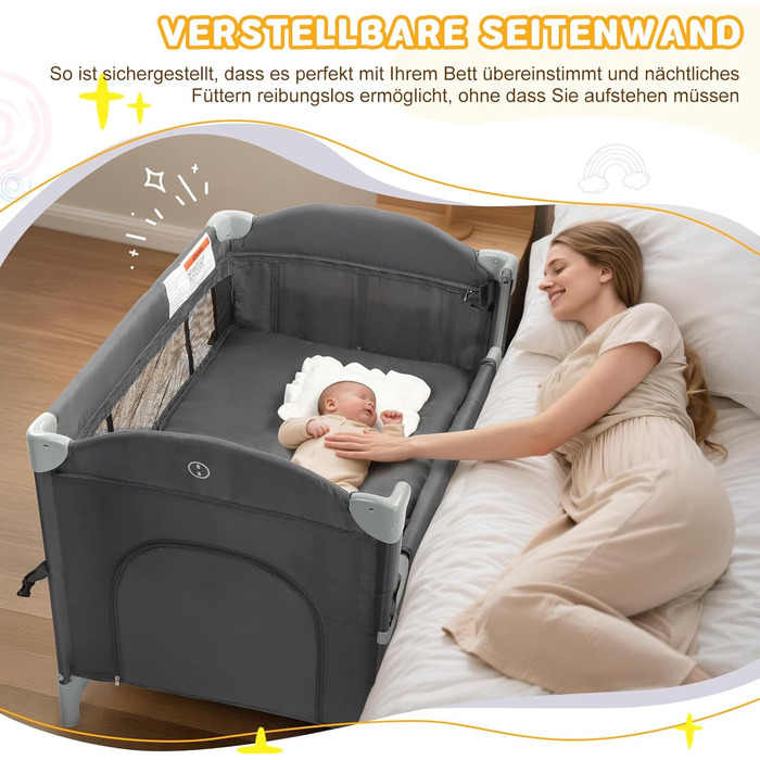Приліжкове ліжечко 5-в-1, дорожнє ліжечко, дитяче ліжечко з пеленальною підкладкою, містким кошиком для зберігання, москітною сіткою, ігровою аркою та дорожньою сумкою для новонароджених та малюків (сірий колір)
