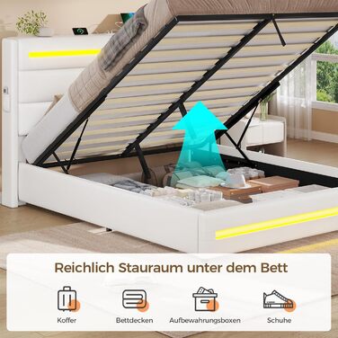 Ліжко 160x200 зі світлодіодним освітленням, Гідравлічне ліжко 160x200 см, М&39яке двоспальне ліжко, Каркас ліжка з місцем для зберігання та рейковою основою, Спальня, ПУ білий 160 x 200 Білий