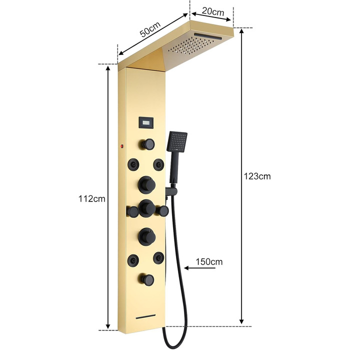 Душова панель зі світлодіодним підсвічуванням, KEOKBON 6 в 1 Душові панелі з арматурою з нержавіючої сталі з РК-дисплеєм температури, водоспадом і тропічним душем 8 Масажний душ Ручний душ Вхід для ванни, Матове золото і чорний