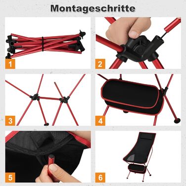 Складаний кемпінговий стілець eSituro, легкий складний стілець, рибальський стілець з сумкою для перенесення, складний стілець з високою спинкою, відкритий пляжний кемпінговий стілець, для риболовлі, пікніків, походів, 1 чорний червоний