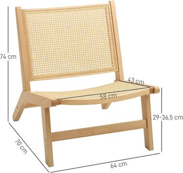 Крісло HOMCOM, Крісло-реклайнер без підлокітників, Крісло зі спинкою з ротанга, Дерев&39яний каркас, Крісло для читання для вітальні, спальні, натуральне дерево