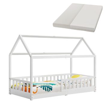 Дитяче ліжко Juskys Marli 90 x 200 см з матрацом, захисними поручнями, рейковою основою та дахом - Ліжко-будиночок з масиву дерева для дітей - Ліжко білого кольору
