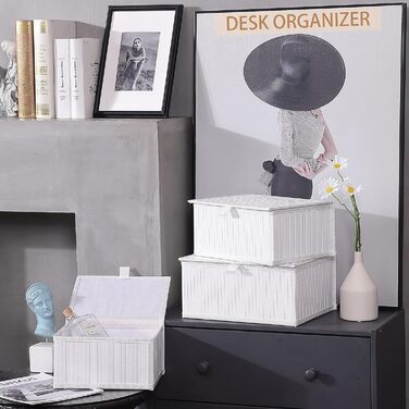 Біла скринька для зберігання Honygebia з кришкою декоративний бамбуковий кошик для зберігання, набір із 3 ротангових кошиків з кришками та тканими тканинними підкладками для ванної кімнати, кухні та організації полиць (великий/середній/малий)