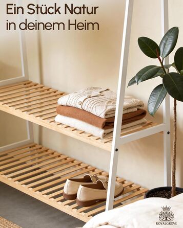 Вішалка для одягу з 2 полицями з білого бамбука, шафа-тумба з міцною рейкою для одягу, шафа з полицею для взуття, для передпокою, спальні, 160 x 80 x 44 см (білий)