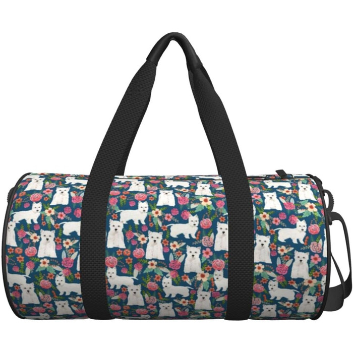 Дорожня сумка-циліндр з білим песиком та квітами, спортивна сумка для чоловіків та жінок, сумка для подорожей, спортивна сумка