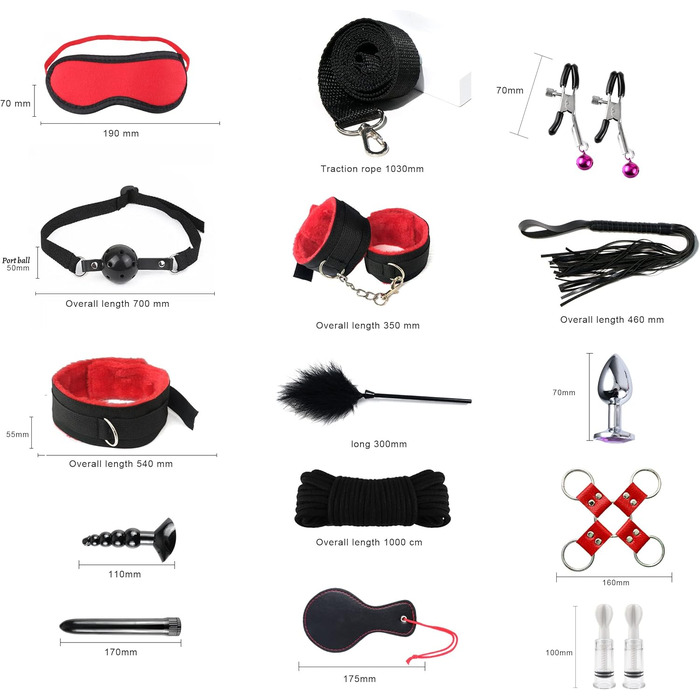 Набір для звязування Екстремальний секс БДСМ Набір для сексу в звязку Наручники Секс із завязаними очима Батіг Затискачі для сосків Кляп 17 предметів Еротичні SM Секс-іграшки для пар Любителі екстремального сексу Початківці Чорний Червоний