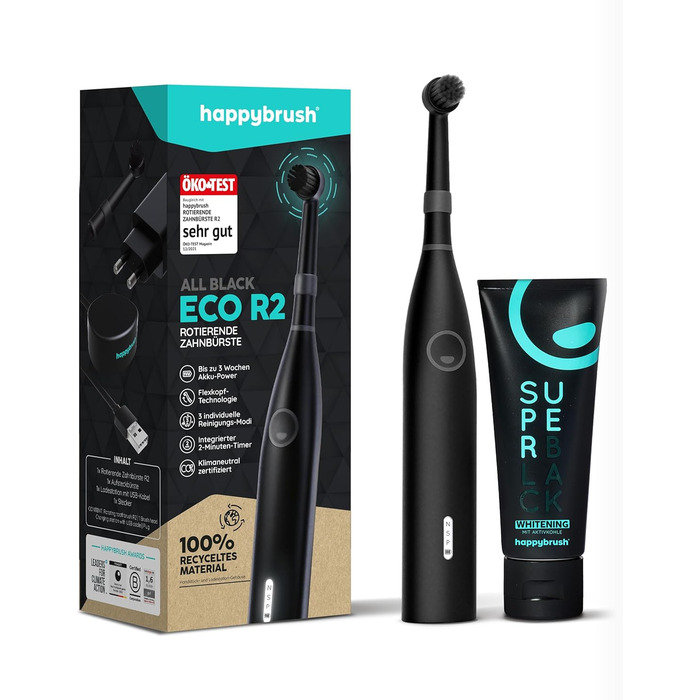 Електрична зубна щітка happybrush Eco R2 - Екологічна обертова зубна щітка з акумулятором, що включає 3 щітки та зубну пасту - AllBlack Allblack із зубною пастою