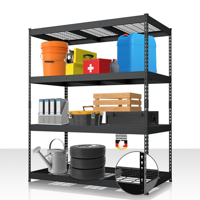 Посилений стелаж Floordirekt Yukon Rivet 160 x 150 x 80 см, 4 яруси, чорний Сталевий стелаж з полицями з дротяної сітки Вантажопідйомність 250350 кг на ярус Різні розміри та кольори, чорний, 160 x 150 x 80 см, 4 яруси