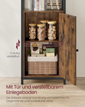 Книжкова полиця VASAGLE, 6 ярусів, полиця, окремостояча полиця з дверцятами, металевий каркас, регульовані полиці, 24 x 40 x 159,5 см, для вітальні, спальні, вінтажний коричневий-чорний LLS132K01 40B см Вінтажний коричневий чорнильний