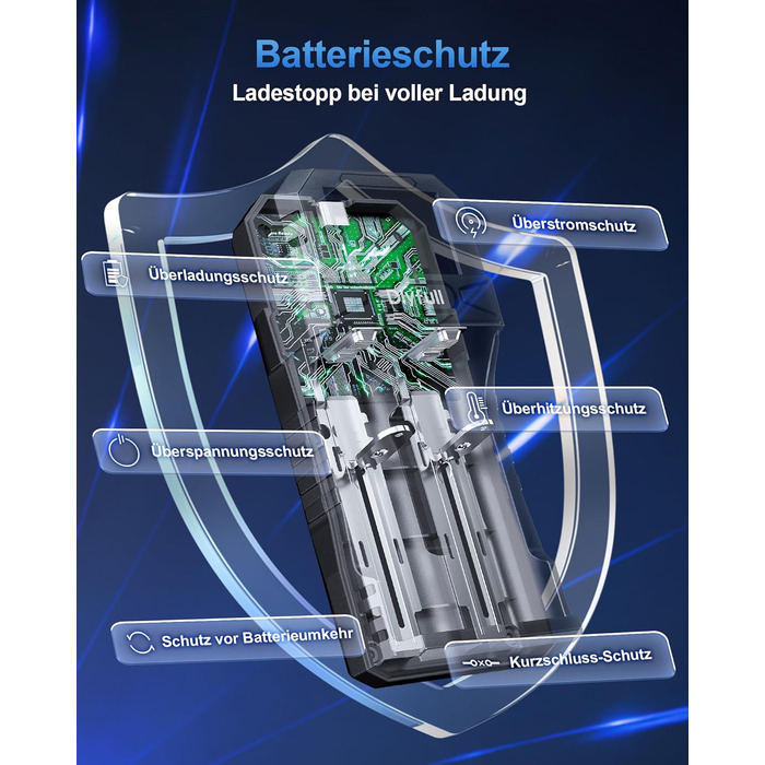 Зарядний пристрій Dlyfull 18650, універсальний зарядний пристрій для літій-іонних акумуляторів 3,7 В, портативний зарядний пристрій USB-C з РК-дисплеєм для 18650, 21700, 26650, 18500, 18350, 17670, 17500, 16340 тощо, 2 відсіки