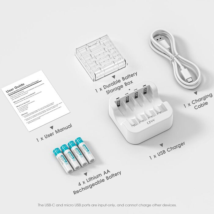 Акумуляторні літієві батарейки AAA 1,5 В - Висока ємність 1100 мВтгод - 1300 циклів зарядки - 8 батарейок із зарядним пристроєм, швидка зарядка за 2 години, постійна потужність, низький саморозряд. Батарейки із зарядним пристроєм, 8 шт. білий зарядний при